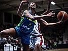 Valeriane Ayayiová z USK Praha zakon�uje v zápase Euroligy proti Flammes Carolo.