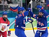 Ruská vlajka v pozadí hokejistek �eska a USA.