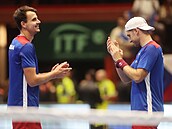 Petr Nouza (vlevo) a Patrik Rikl slaví zisk rozhodujícího bodu v daviscupovém...