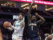 LaMelo Ball nají�dí do ko�e p�es bránícího Ziona Williamsona.