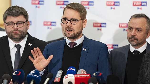 Tiskov� konference poslaneck�ho klubu hnut� TOP 09 ve Sn�movn� p�ed vyhl�en�m ned�v�ry vl�d� Andreje Babi�e opozic�. Na sn�mku Mat�j Ond�ej Havel. (3. �nora 2026)