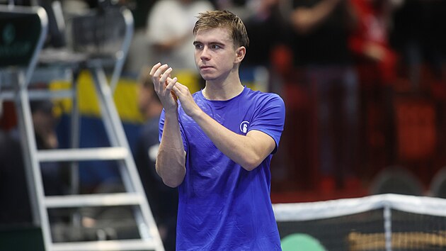 Dalibor Svr�ina slav� v�hru v utk�n� Davis Cupu proti �v�dsku.