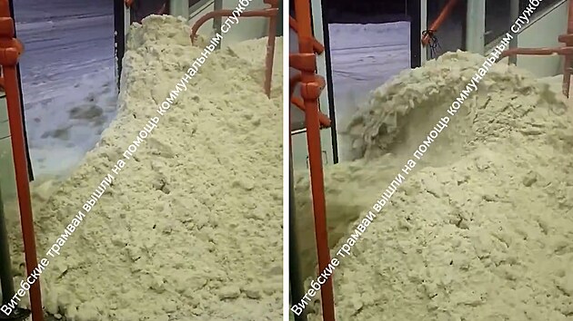 B�loruský �bus pluh� nabíral sníh rozbitými dve�mi