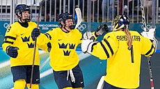 Radost �védských hokejistek b�hem zápasu proti N�mecku na olympijských hrách....