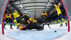 �védské hokejistky se radují z gólu do sít� N�mecka na olympijských hrách.