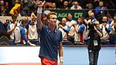 Ji�í Lehe�ka slaví zisk bodu v daviscupové kvalifikaci proti �védsku.