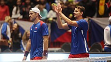Petr Nouza (vpravo) a Patrik Rikl slaví zisk rozhodujícího bodu v daviscupovém...