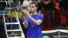 Dalibor Svr�ina slaví výhru v utkání Davis Cupu proti �védsku.