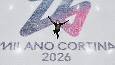 Nad�ený Ilia Malinin v záv�ru své volné jízdy v týmové sout�i.