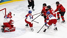 Kana�anka Sarah Fillierová st�ílí gól v zápasu proti �esku na zimních...