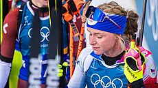 Markéta Davidová po dojezdu do cíle olympijské smí�ené �tafety (8. února 2026)