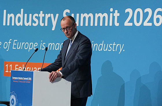 N�mecký kanclé� Friedrich Merz p�i projevu na summitu v Antverpách (11. února...