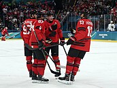 Hokejista Cale Makar z Kanady slaví �tvrtý gól se spoluhrá�em Samem Reinhartem....