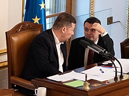 Petr Macinka (Motoristé) a Tomio Okamura (SPD) ve Sn�movn�. (10. února 2026)