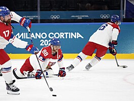 David Pastr�ák a Filip Hronek b�hem rozcvi�ky p�ed zápasem (15. února 2026)