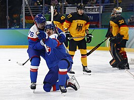 Milos Kelemen ze Slovenska slaví druhý gól se slovenským spoluhrá�em Martinem...