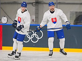 Michal Ivan (vlevo) a Erik �ernák na tréninku slovenských hokejist� v Milán�.