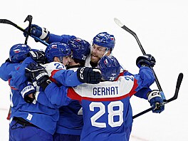 Sloven�tí hokejisté se radují z gólu v zápase v Finskem. (11. února 2026)