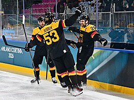 N�me�tí hrá�i slavící gól v zápase proti Dán�m. (12. února 2026)