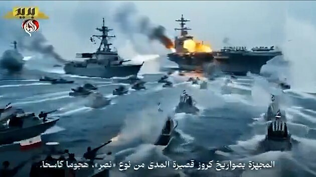 Íránská propaganda. AI ukazuje útok na flotilu USA
