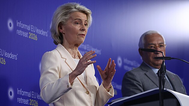 P�edsedkyn� Evropsk� komise Ursula von der Leyenov� a p�edseda Evropsk� rady Ant�nio Costa na tiskov� konferenci po summitu v Alden Biesenu (12. �nora 2026)