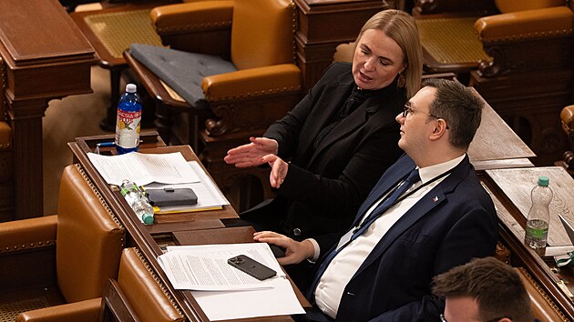 Poslanci Jana �ernochova a Jan Lipavsk� na jedn�n� sn�movny o st�tn�m rozpo�tu na rok 2026 (oba za ODS)