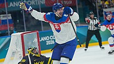 Úto�ník Pavol Regenda se raduje ze slovenského gólu proti �védsku.