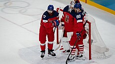 �e�tí hokejisté se radují z postupu na olympijských hrách.