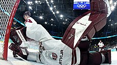 Loty�ský branká� Merzlikins d�lá co m��e, aby zabránil �védskému gólu v...