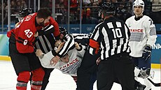 Tom Wilson z Kanady se pere s Francouzem Pierrem Crinonem.