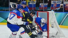 Joel Eriksson Ek protla�il puk do sít� Samuela Hlavaje.