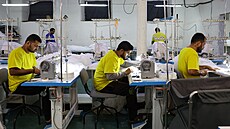 D�lníci z Indie v textilní továrn� v ruském m�st� Bala�icha. (20. ledna 2026)