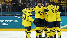 Rasmus Dahlin ze �védska slaví první gól se svými spoluhrá�i proti Finsku. (13....