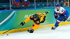 N�mec Tim Stutzle (18) se slovenským Martinem Fehervarym (42). (18. února 2026)