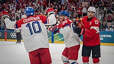 David Pastr�ák (88)se raduje b�hem zápasu se �výcarskem. (15. února 2026)