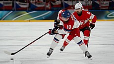 Ond�ej Palát (18) v souboji se �výcarskem. (15. února 2026)