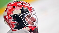 Kanadský branká� Jordan Binnington na tréninku p�ed olympijským turnajem.