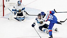 Slovák Dalibor Dvorský a jeho úsp�ná st�ela do finské branky. (11. února 2026)