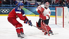 Luká� Sedlák stojící proti kanadskému branká�i Jordanu Binningtonovi. (12....