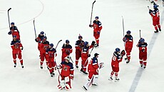 �eská hokejová sestava na olympijském led� v Milán�. (12. února 2025)