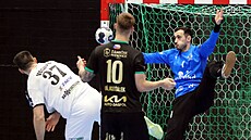 Karvinský branká� Petr Mokro� chytá st�elu Denise Vasileva z týmu Balatonfüredi.