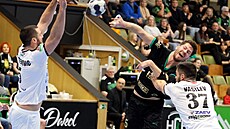 Spojka karvinských házenká�� Vojt�ch Patzel st�ílí p�es balatonfüredskou obranu.