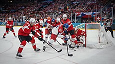 Hokejisté Mat�j Stránský, Christian Marti Sandro Schmid v akci v zápase �esko...