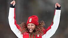 Bulharská biatlonistka Lora Christovová slaví zisk bronzové medaile z...