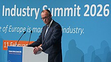 N�mecký kanclé� Friedrich Merz p�i projevu na summitu v Antverpách (11. února...