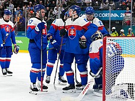 Sloven�tí hokejisté se sjí�dí k branká�i Samuelu Hlavajovi.