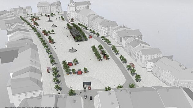 Takto si v roce 2008 p�edstavoval prom�nu Masarykova n�m�st� sou�asn� radn� David Beke (ODS). Jeho tehdej�� diplomov� pr�ce po��tala s vjezdem do podzemn�ch gar�� (v pop�ed�), ��m� by se uvolnil povrch n�m�st� pro p��. V horn� ��sti je vid�t hmota, kter� odpov�d� sp�e historick� z�stavb� nebo upraven�mu bloku, nikoliv sou�asn� podob� Prioru.