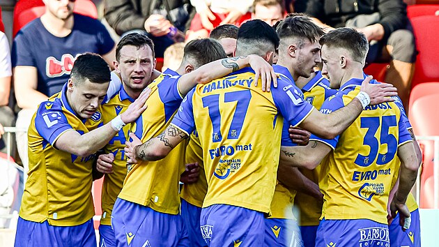 Tepli�t� fotbalist� se raduj� ze vst�elen� branky.
