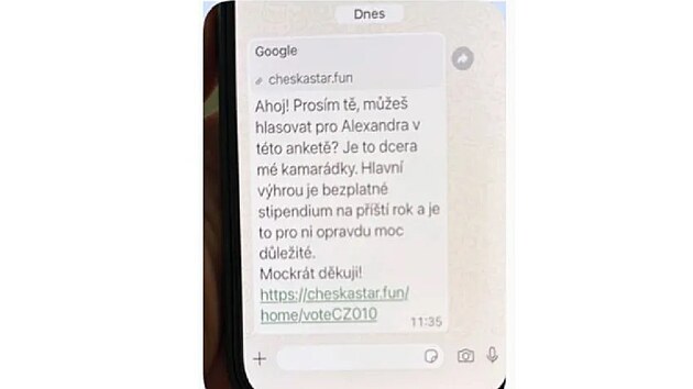 Uk�zka podvodu s fale�nou anketou, kter� se ���� nap��klad p�es Whatsapp