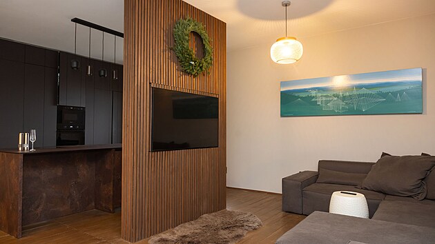 Ob�vac� prostor a kuchy� od sebe odd�luje st�na s ob�� televiz�.